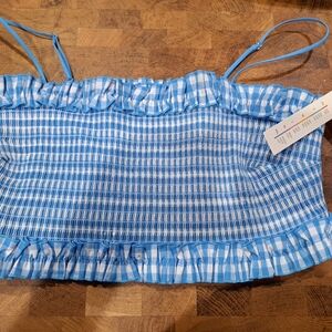 Colsie Women’s Smocked Bandeau Bralette Top Blue Gingham Ruffle Trim XL Swimwear